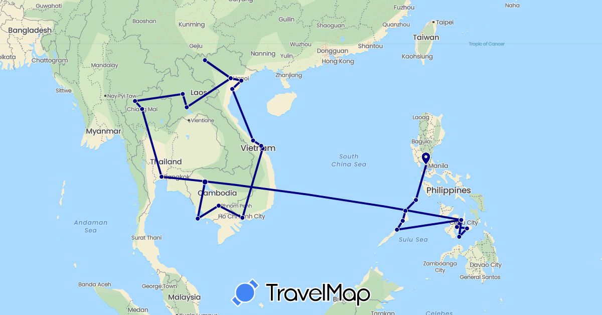 TravelMap itinerary: driving in Cambodia, Laos, Philippines, Thailand, Vietnam (Asia)
